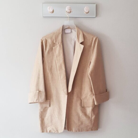 NWT Saiph gold tone metallic sheen shimmer tan camel brown open front blazer L - Picture 7 of 10